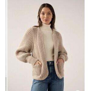 White + Warren Plush Alpaca Blend Open Jacket Sweater Oat Straw Sz M Chunky Knit